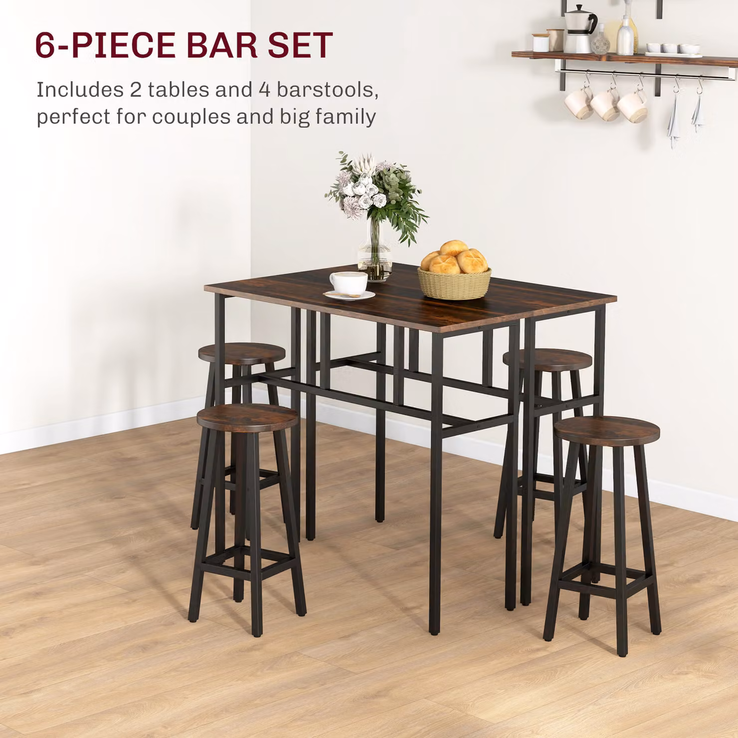 HOMCOM Set of 2 Rustic Brown Breakfast Tables and 4 Stools for Kitchen or Living Room – 4