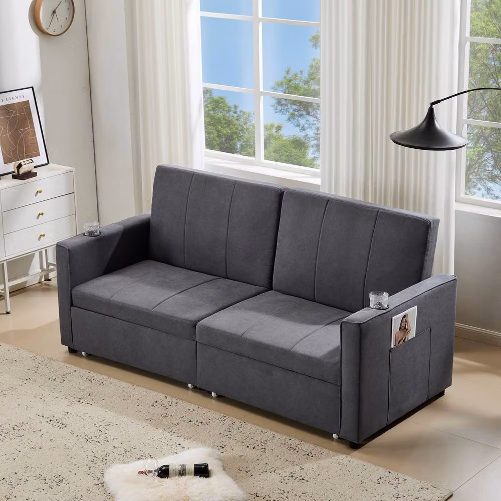 Matteo Convertible Fabric Sofa Bed in Grey with Cup Holders and Adjustable Headrest – 2