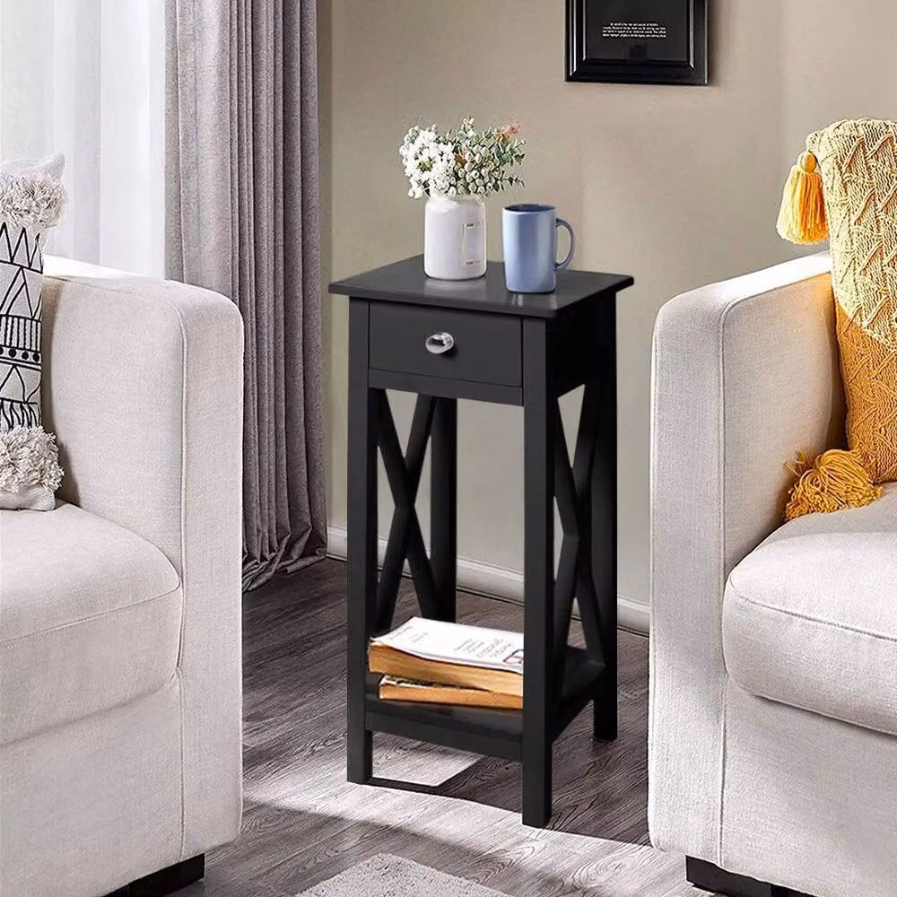 KORVIXA Modern Square Bedside Cabinet with Drawer in Black W/D/H: 100 x 100 x 100 cm – 3