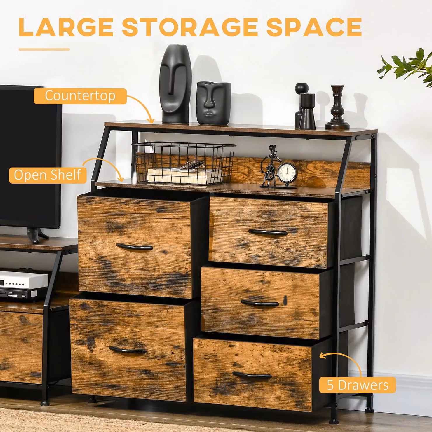 HOMCOM Industrial 5-Drawer Chest of Drawers with Open Shelf in Rustic Brown and Black – 4