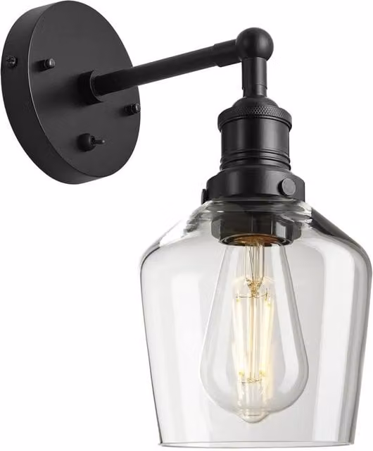 Industville Brooklyn Glass Schoolhouse Wall Light in Black and Transparent Glass