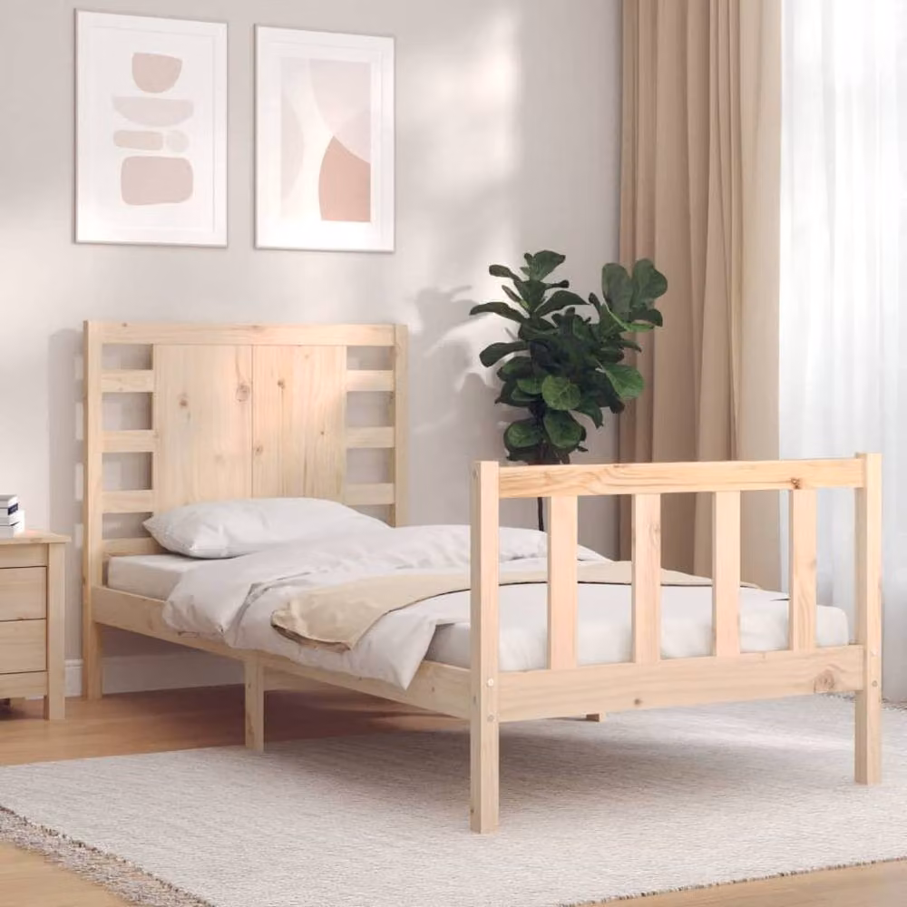 Berkfield Home Solid Wood Pine Bed Frame with Headboard in Natural and Brown, W/D/H: 90 x 200 cm – 2