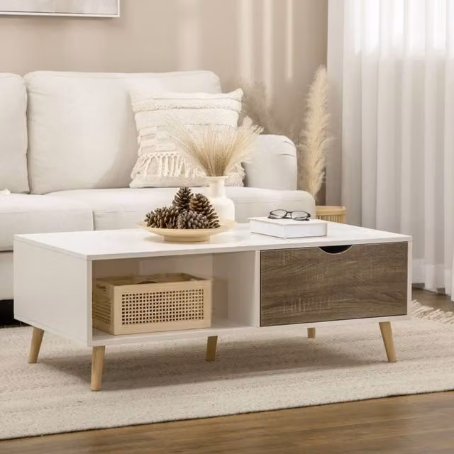 STILVORA Modern White Rectangular Coffee Table with 2 Drawers and Open Shelves