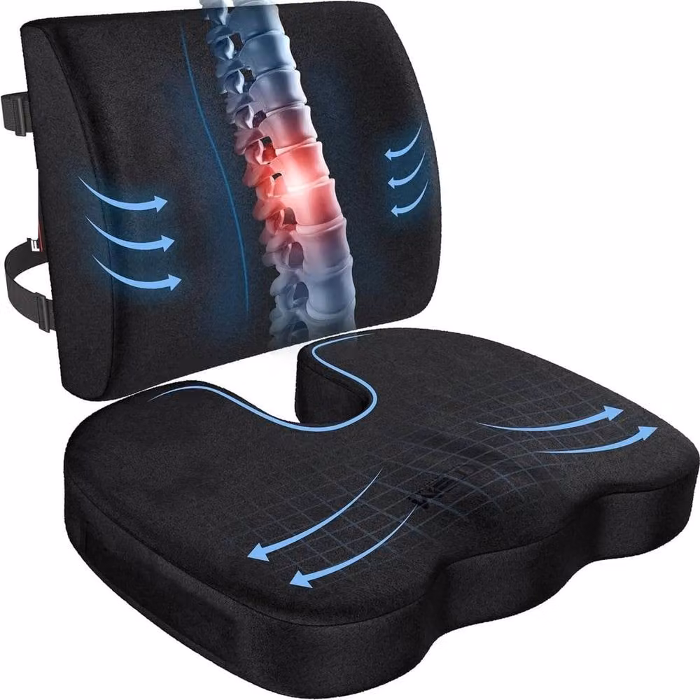 FLAVORA Black Memory Foam Lumbar Back Support and Seat Cushion Set with Breathable Velvet Removable Covers – 3