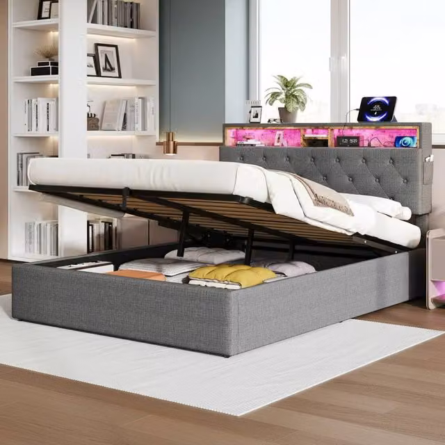 BTM Grey Upholstered Double Ottoman Bed Frame with Hydraulic Lift-Up Storage and Linen Fabric, 140 x 200 cm
