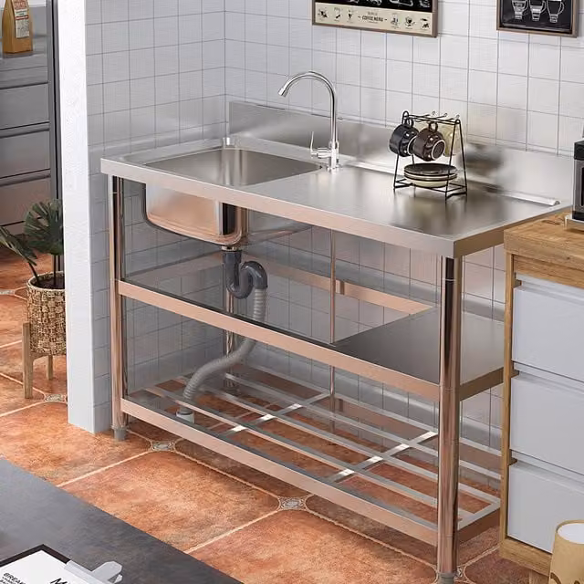 Livingandhome Stainless Steel Kitchen Sink with Shelves, Silver, Width: 120 cm