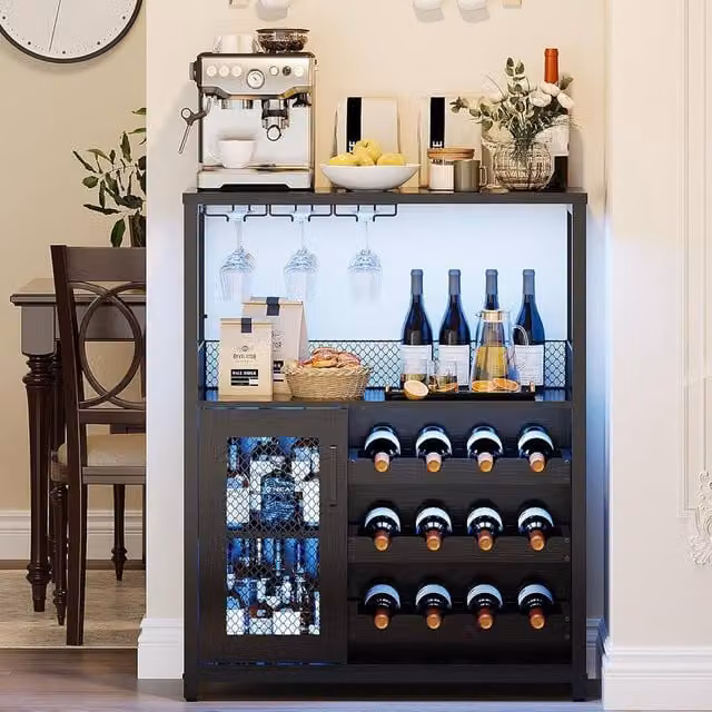 London Boutique Black Industrial Freestanding Wine Cabinet with Integrated LED Lighting, Bottle Rack and Glass Holder – 1