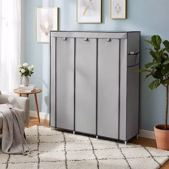 EONLION Grey 3-Door Portable Fabric Wardrobe with Internal Shelves, W/D/H: 100 x 100 x 165 cm – 1