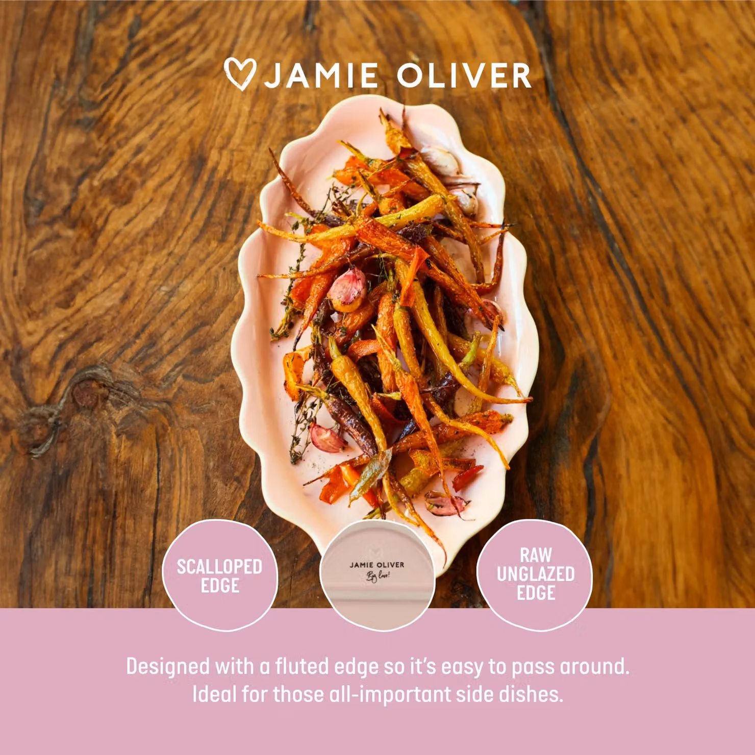 Jamie Oliver Big Love Pass-Me Platter in Pink Stoneware, W: 35 cm, D: 20 cm, H: 2 cm – 5