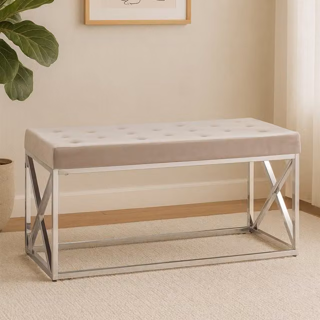 Orsina by Interiors by Premier Modern Velvet Tufted Accent Bench with Silver Metal Frame, Brown and Silver – 1