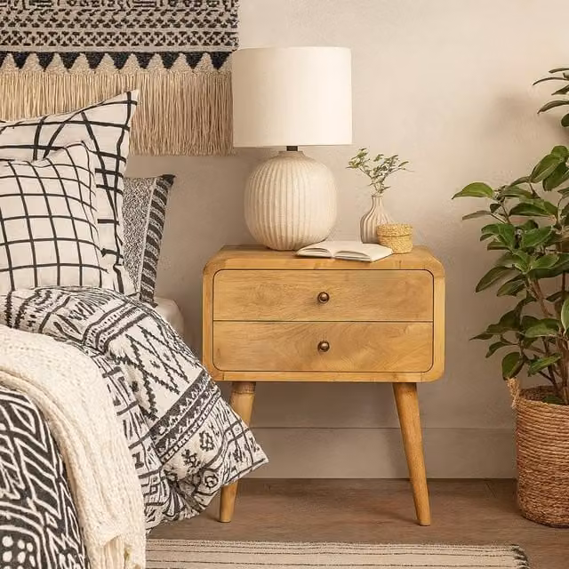 Wyld Haus Trapani Curved Mango Wood Bedside Table with 2 Drawers, Brown, W/D/H: 45 x 35 x 55 cm – 1
