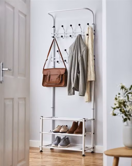 House of Home Multi Purpose Hallway Clothes Stand with 18 Hooks and 2 Shoe Shelves in White – 1