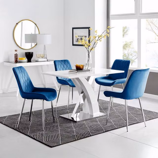 FurnitureboxUK Atlanta White High Gloss 4 Seater Dining Set with X-Frame Legs and 4 Navy Blue Velvet Pesaro Chairs – 1