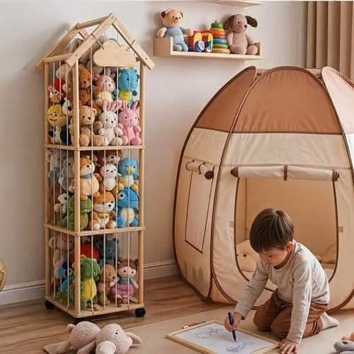 Levede Natural Pine Plush Toy Storage Holder with Lockable Wheels, W/D/H: 150 x 40 x 40 cm – 4