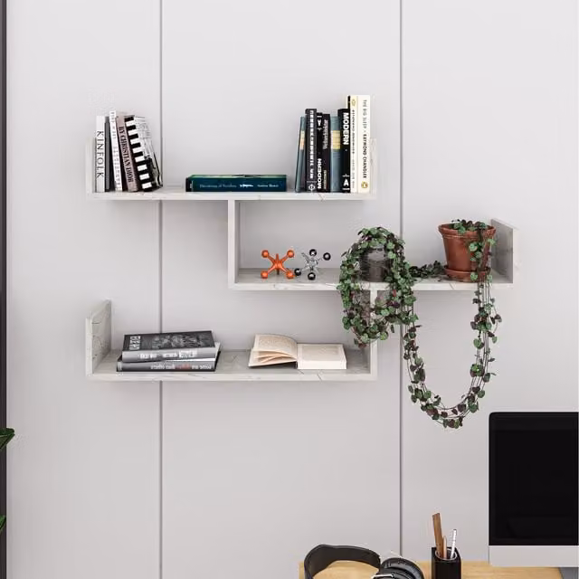 Decortie Tibet Wall Mounted Modern Bookcase Display Unit in Gold and White
