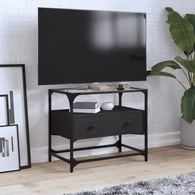Berkfield Home Industrial TV Cabinet with Glass Top in Black, W/D/H: 60 x 35 x 51 cm – 1