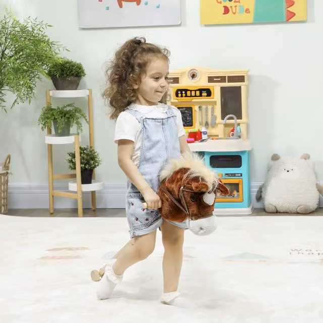 AIYAPLAY Interactive Brown Stick Horse with Wheels and Real Neighing Sound