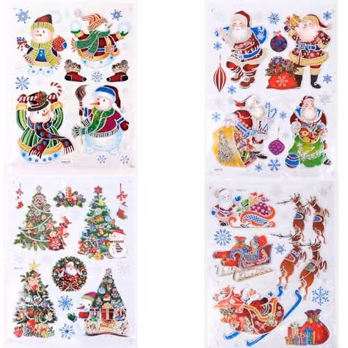 Shatchi 3D Christmas Window Stickers with Multicolour Snowflakes and Animals, 4 Assorted Sheets Reusable PVC Decals