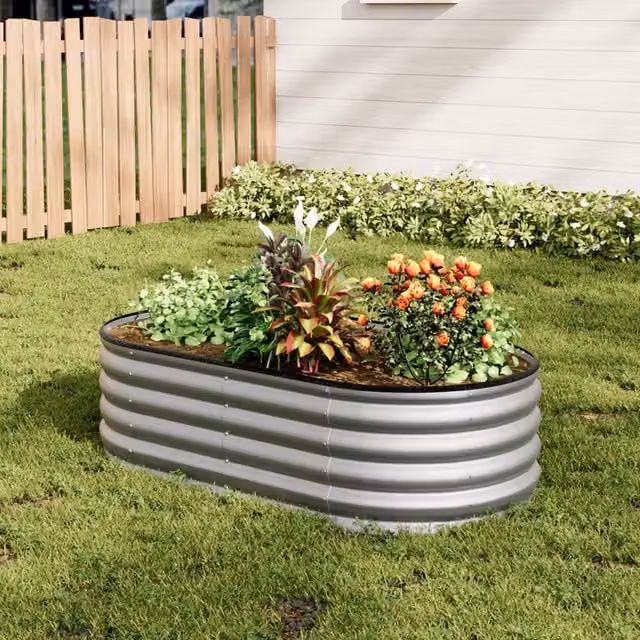 Lifeideas Silver Oval Metal Raised Flower Bed with Support Rod