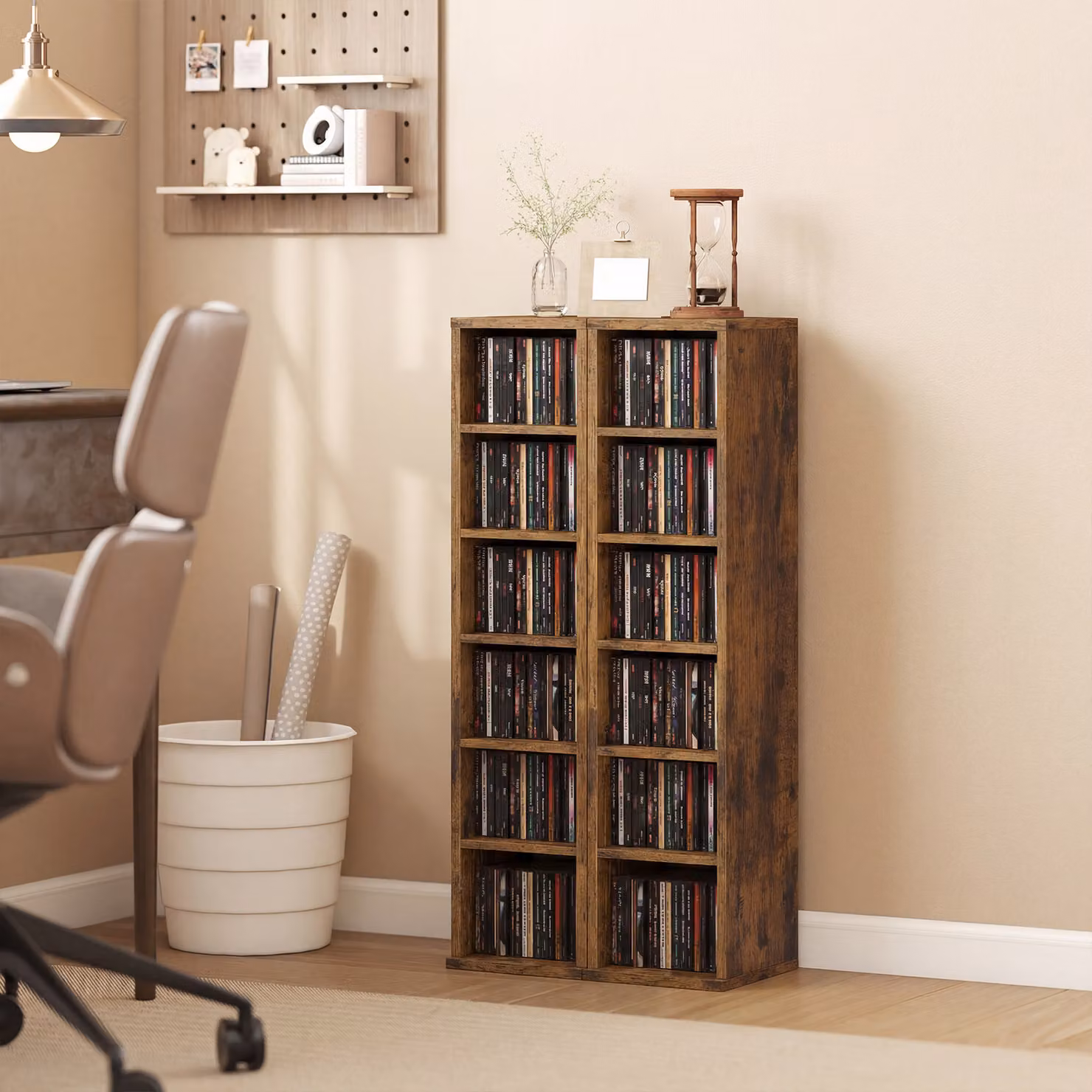 HOMCOM Set of 2 Rustic Brown CD Media Display Tower Racks with Adjustable Shelves – 2