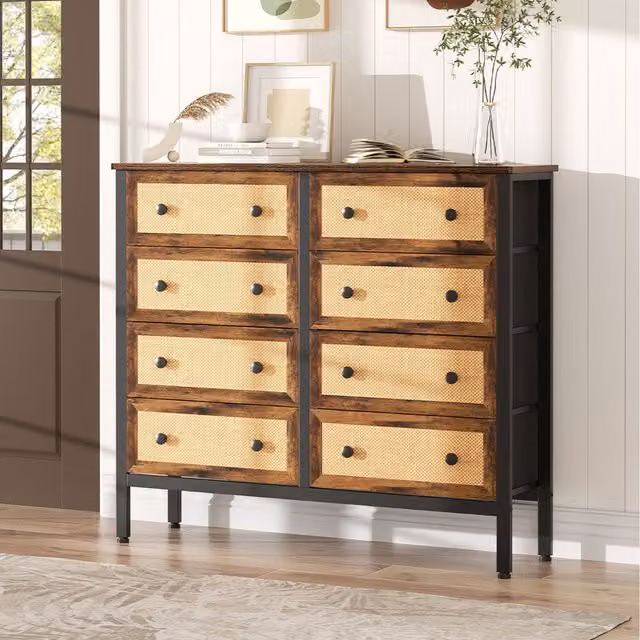 Komore Rustic Rattan and Wood Storage Cabinet in Brown and Black, Height: 104.4 cm