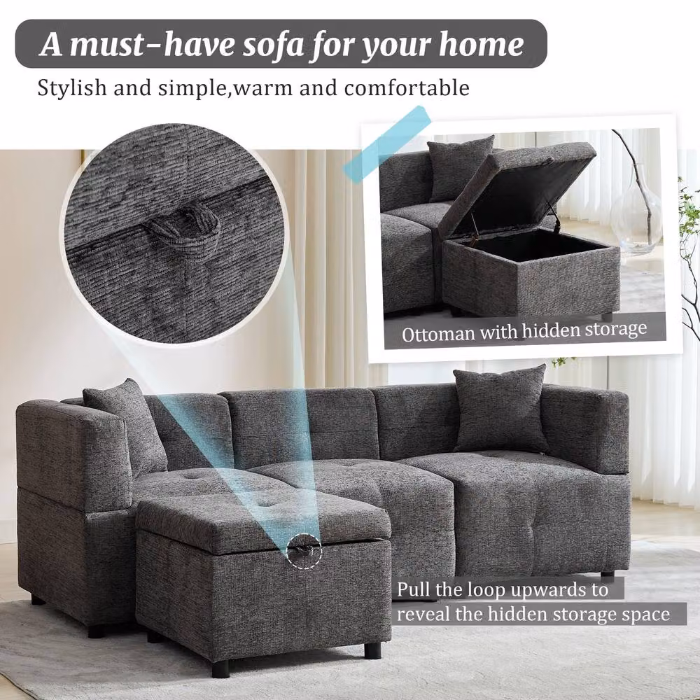 FENCHILIN L-Shaped Reversible Corner Sofa in Grey with Movable Storage Ottoman and Scatter Cushions – 2