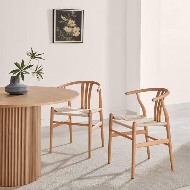FurnitureboxUK Set of 2 Caia Scandinavian Wishbone Dining Chairs in Beige Oak Effect Wood and Rope – 1