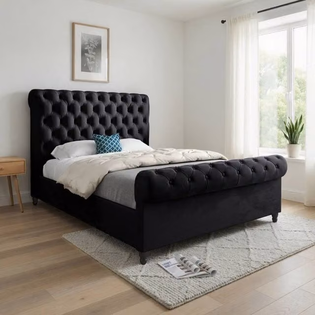KDMD Welshampton Sleigh Upholstered Designer Bed Frame in Black Soft Velvet, Size: Single (W: 90 cm, L: 200 cm) – 1
