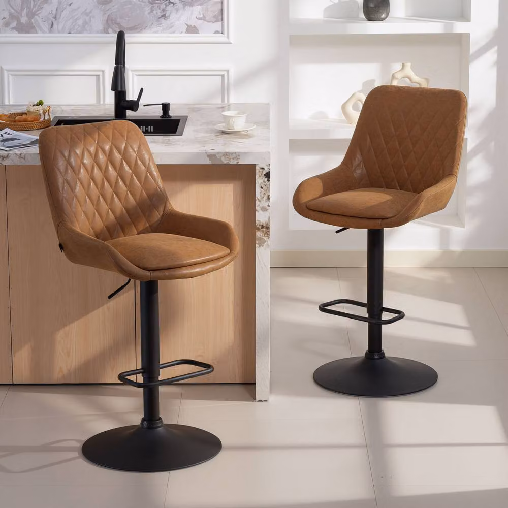 STILVORA Set of Two Brown Synthetic Leather Bar Stools with Adjustable Height and 360 Degree Swivel – 2