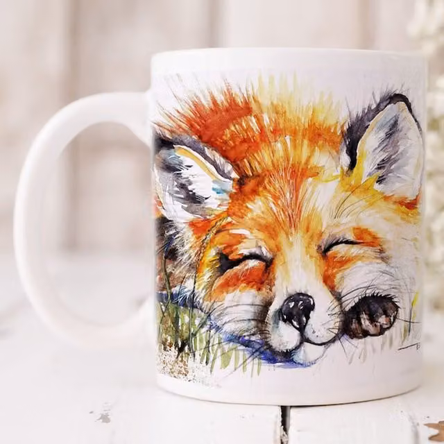 BebesArts Sleeping Fox Watercolour Art Mug in Brown and White