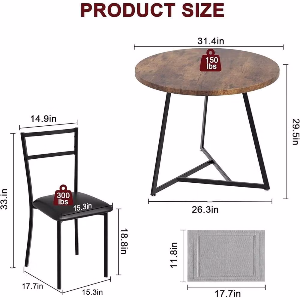 VOGREX Modern Round Dining Table and 3 Chairs Set in Brown Matt Wood Finish – 2
