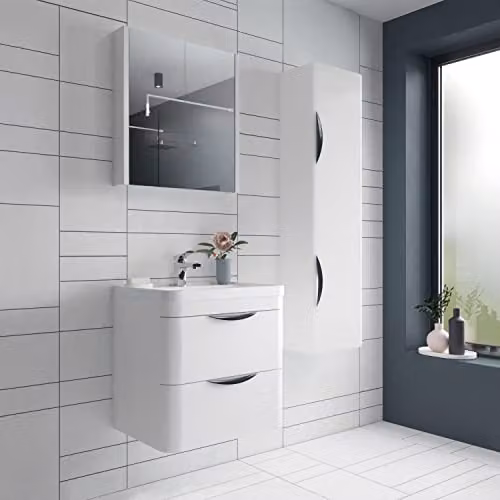 nuie Parade Modern Wall Hung Bathroom Vanity Storage Unit with Ceramic Basin and 2 Drawers, Gloss White, W: 80 cm, D: 45 cm, H: 54 cm – 3