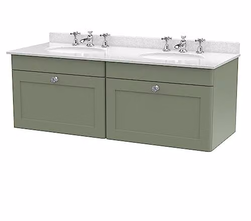 nuie Classique CLC894WR6 Wall Hung 2 Drawer Unit with 3 Tap Hole Double Marble Top and Round Basin, Satin Green and White, W: 122 cm, D: 47 cm, H: 50.9 cm