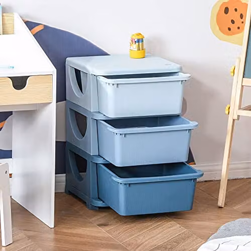 HOMCOM 3 Tier Plastic Kids Storage Unit with 3 Drawers in Blue – 2