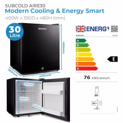 Subcold Aire30 LED Mini Fridge, 30L Black Lockable Table Top Model with Interior LED Light – 6
