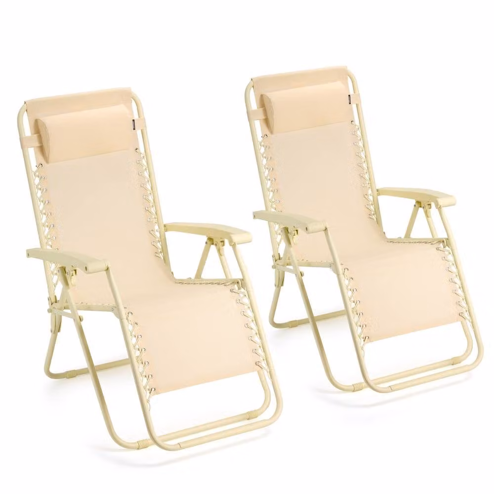 VonHaus Verona Set of 2 Yellow and Beige Textilene Folding Zero Gravity Garden Chairs with Adjustable Headrests – 2