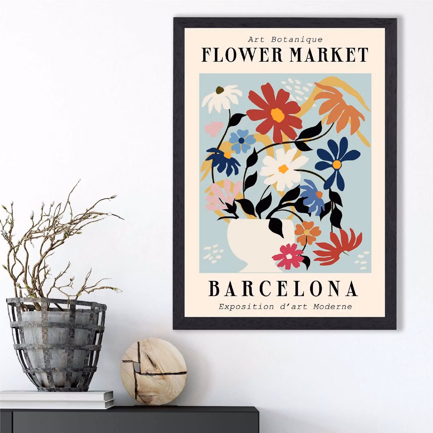 ARTZE Barcelona Blue and Pink Flower Market Exhibition Framed Print, Multicolour Botanical Floral Poster with Black Frame, A4 – 2