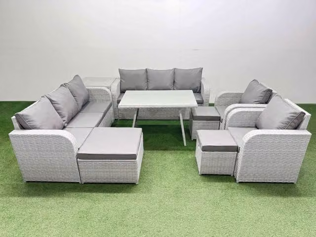 Fimous Rattan High Back Lounge Sofa Set with Reclining Chair, Side Table and Ottoman in Light Grey