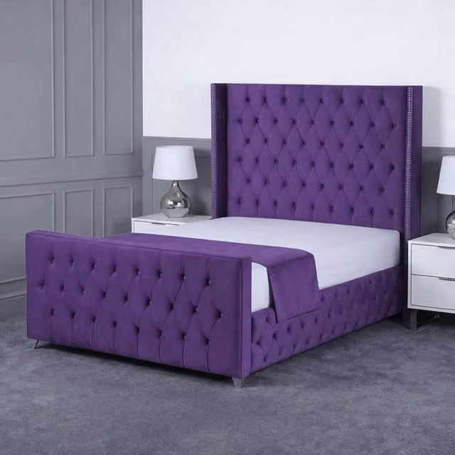 Living Comfort Bedz Executive Luxe Upholstered Velvet Gas Lift Storage Bed in Purple, Super King Size