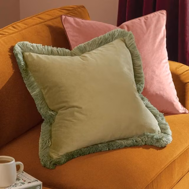 Furn Halo Fringed Velvet Cushion in Green, W/D/H: 50 x 50 x 50 cm