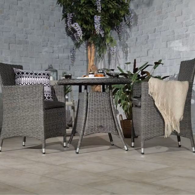 Royalcraft Paris 2 Seater Carver Bistro Set in Grey Polyrattan with Glass Top Table