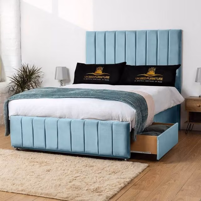 UK Bed Furniture Falcon Divan Bed with 4 Drawers and 26 Inch Headboard in Light Blue Velvet, Size: 200 x 200 cm