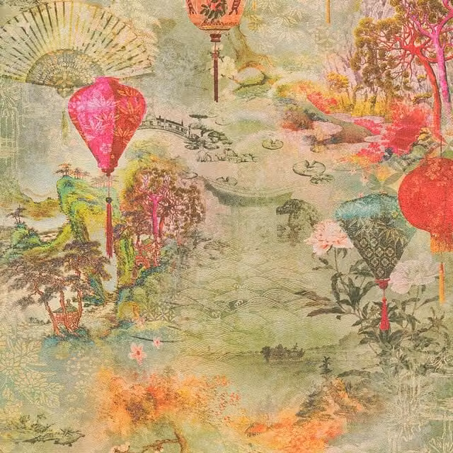 A.S. Création Asian Fusion Lantern Wallpaper in Light Green with Oriental Floral and Nature Motifs