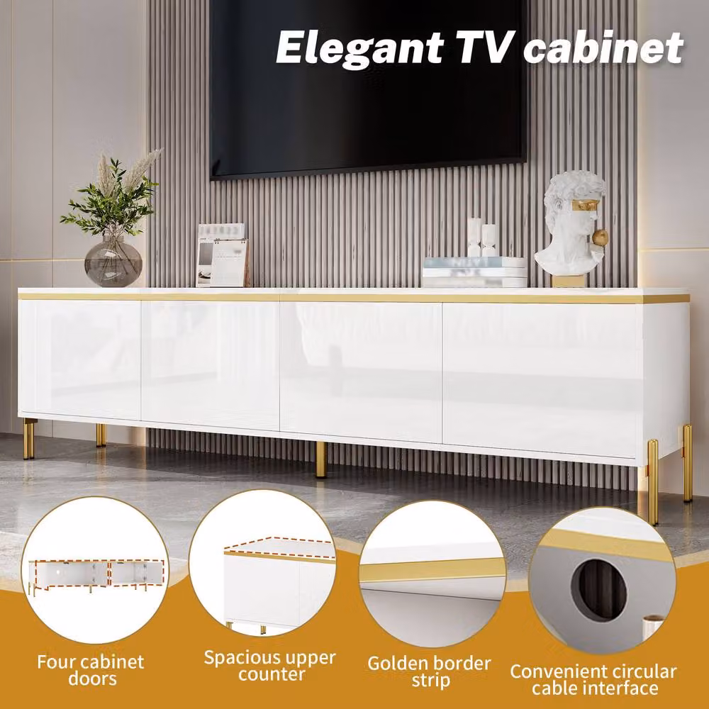 Merax Modern High Gloss TV Unit in White with Gold Metal Legs – 4