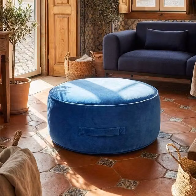 Wyld and Coco Blue Velvet Cylindrical Round Pouffe Ottoman – 1