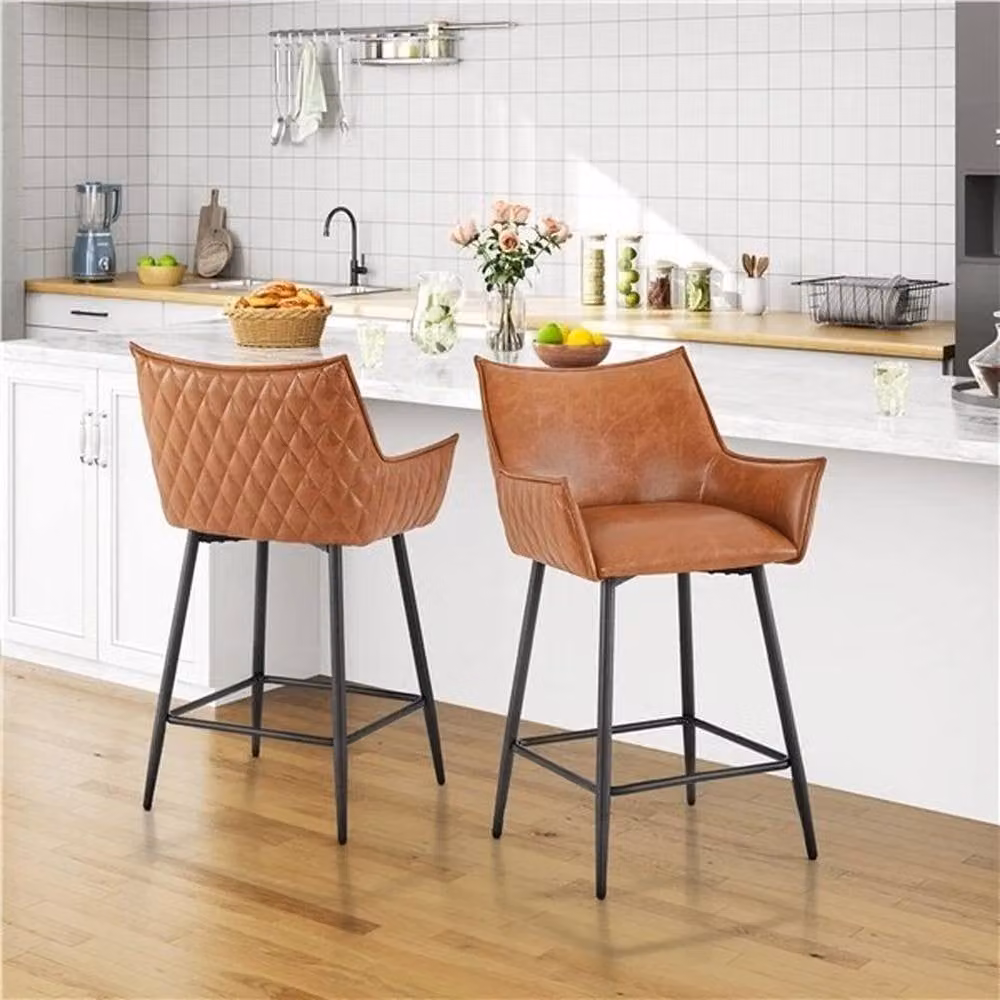 Kelvenix Set of 2 Modern Bar Stools in Brown PU Leather with Armrests – 5