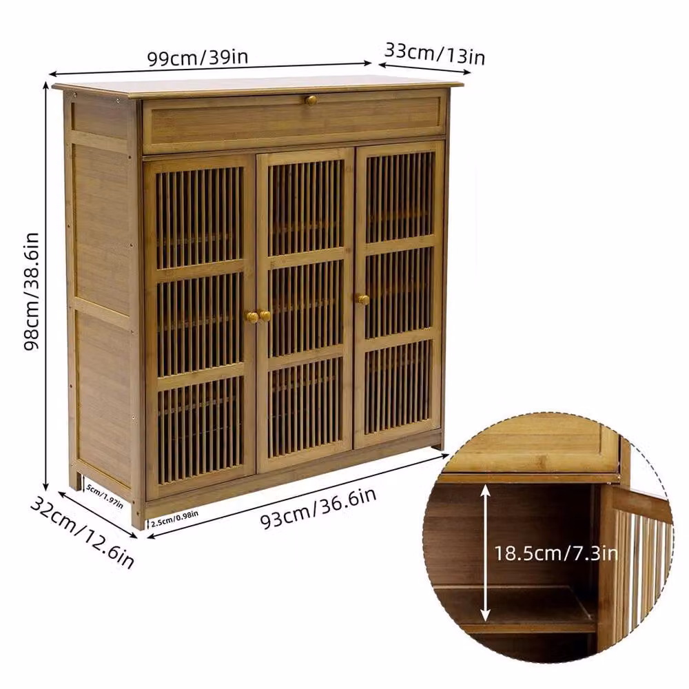 Kelvenix Tall Wooden Shoe Rack with Hinged Doors and Internal Shelves in Brown – 2