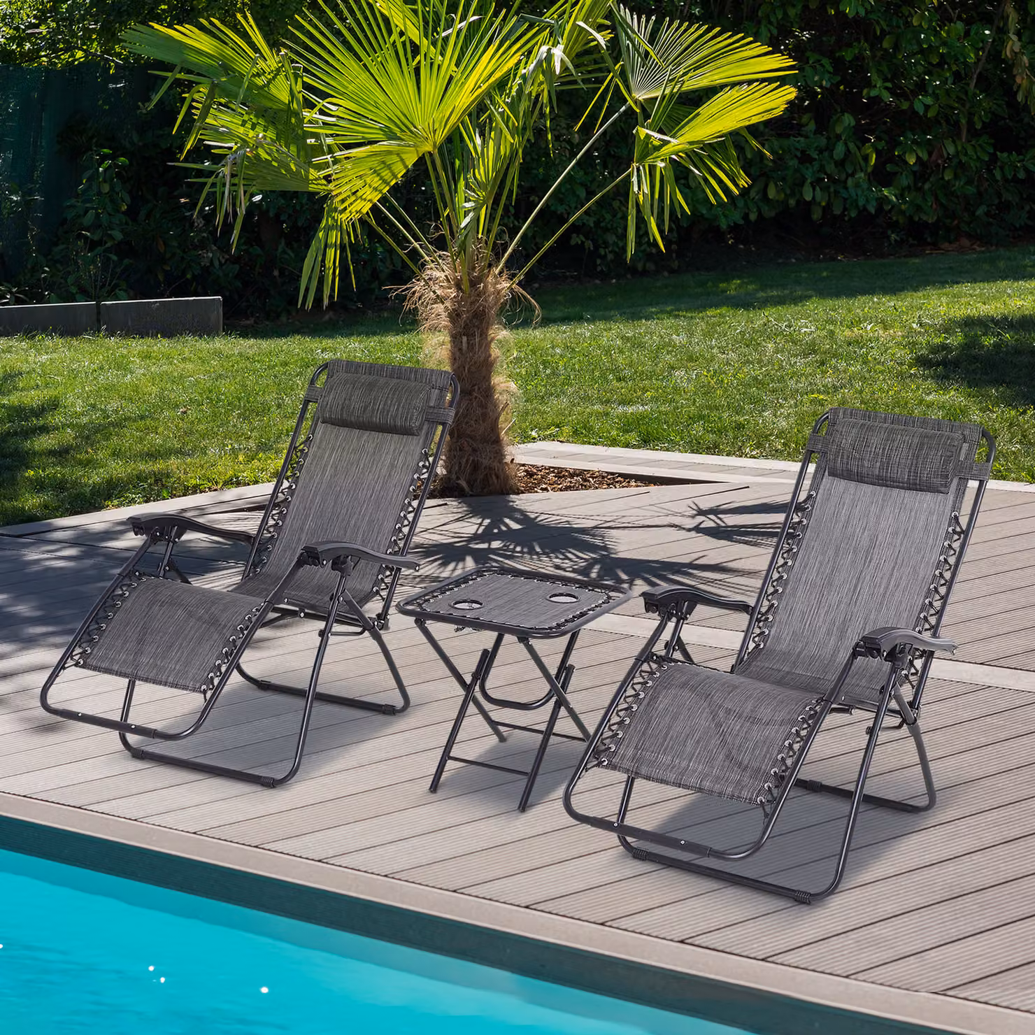 Outsunny Zero Gravity Lounge Set with 2 Reclining Chairs and Table in Light Grey – 2