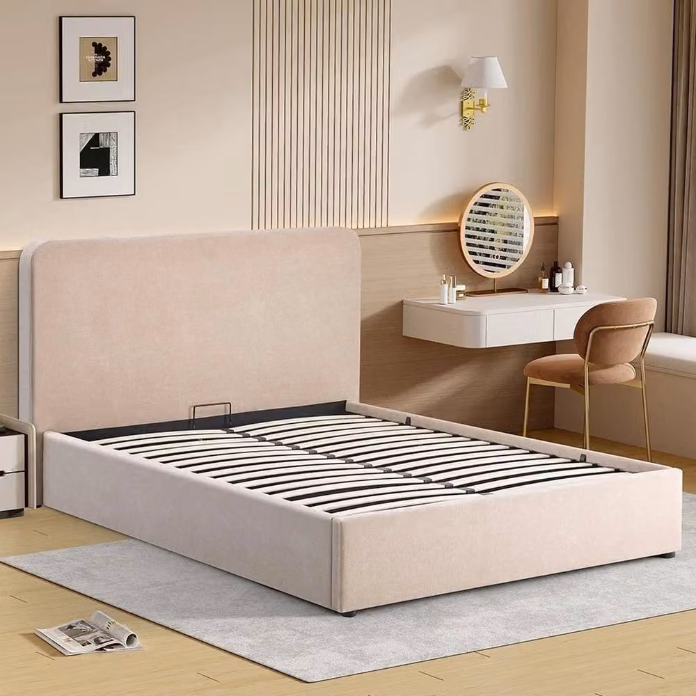 FORGEVIO Fabric Ottoman Storage Double Bed in Beige, W/D/H: 140 x 200 cm – 2