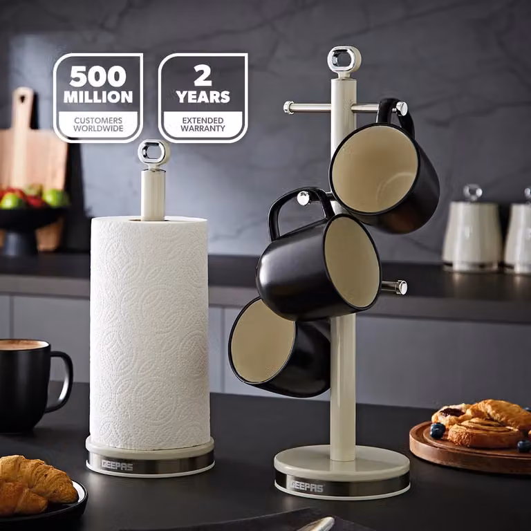 Geepas Retrovive Mug Tree and Towel Pole Set in Beige Metal with Non-Slip Base